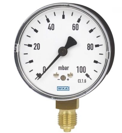 WIKA G 1/4 Analogue Pressure Gauge 50mbar Bottom Entry, 48793037, -50mbar Min.