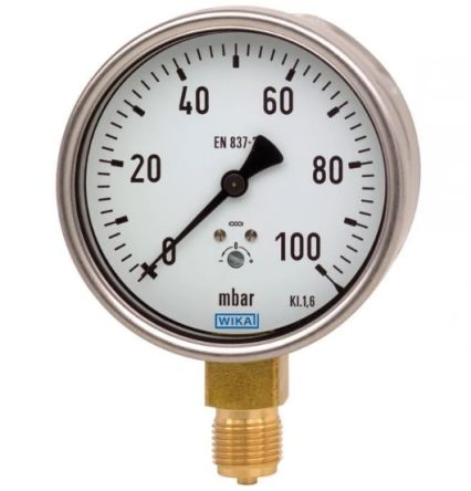 WIKA Druckmessgerät Prozessanschluss Unten Analog -160mbar → 0mbar, Ø 100mm G1/2