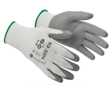 Tilsatec 53-3314 White/Grey Yarn Cut Resistant Work Gloves, Size 8, Polyurethane Coating