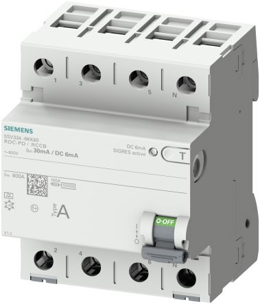 Siemens RCCB, 40A Tipo F, 4 Polos, 30mA SENTRON 400V