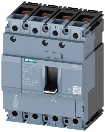 Siemens SENTRON 3VA1, Leistungsschalter MCCB 4-polig, 50A / Abschaltvermögen 25 KA, Fest