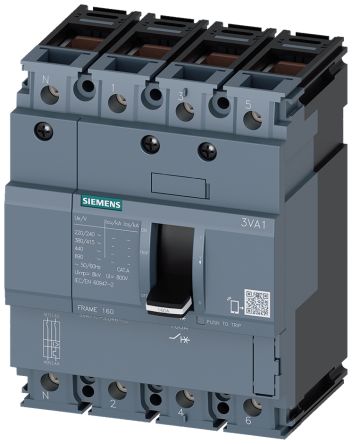 Siemens MCCB, 4 Polos, 80A, Capacidad De Ruptura 25 KA, Montaje Fijo, SENTRON, 3VA1