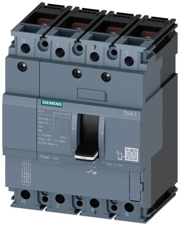 Siemens SENTRON 3VA1, Leistungsschalter MCCB 4-polig, 25A / Abschaltvermögen 36 KA, DIN-Hutschiene