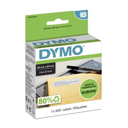 Dymo Etikette Auf Rolle X 25mm, 500Pro Rolle Auf Weiß, Schwarz
