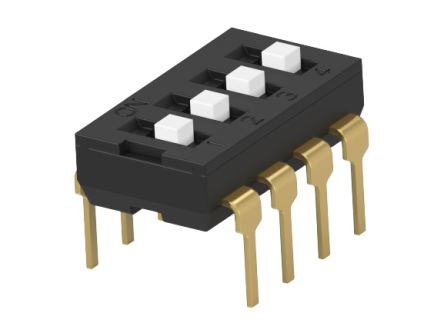 TE Connectivity THT DIL- Und SIL-Schalter Verlängert 4-stellig, 1-poliger Ein/Ausschalter Kupfer 24A, Bis +85°C