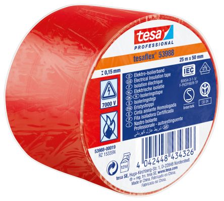 Tesa SPVC ELECTRICAL Isolierband, PVC Rot, 0.15mm X 50mm X 25m