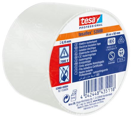 Tesa SPVC ELECTRICAL Isolierband, PVC Weiß, 0.15mm X 50mm X 25m