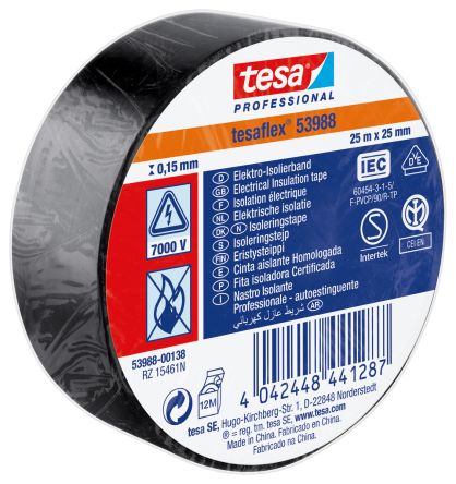 Tesa Cinta De Aislamiento Eléctrico De PVC De Color Negro, 25mm X 25m, Grosor 0.15mm