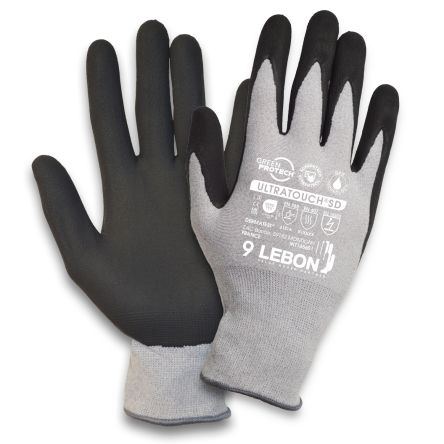 Lebon Protection ULTRATOUCH Arbeitshandschuhe, Größe 10, Abriebfestigkeit, Kohlenstoff, Elastan, Polyamid Schwarz, Grau