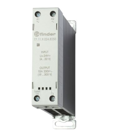 Finder 77 Series Solid State Relay, 15 A Load, DIN Rail Mount, 305 V ac Load, 24 V dc Control