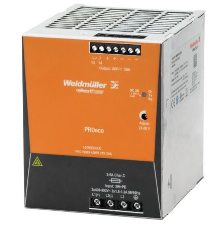 Weidmuller Weidmüller PRO ECO 3-Phasen Schaltnetzteile DIN-Schienen Netzteil 480W, 320 → 575V Ac, 24V Dc / 20A