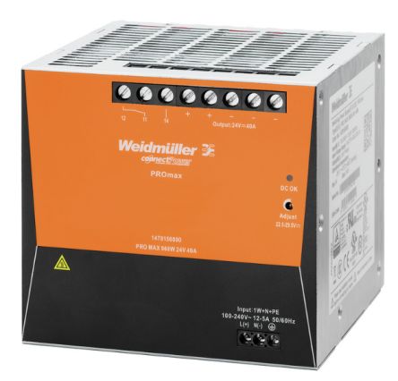 Weidmuller Weidmüller PRO MAX DIN Rail Power Supply, 85 → 277V Ac Ac, Dc Input, 24V Dc Dc Output, 40A Output, 960W
