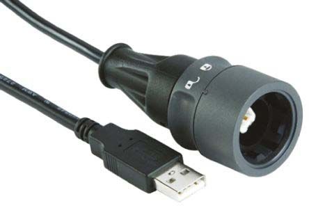 Bulgin USB线, USB B公插转USB A公插, 3m长, USB 2.0, 黑色
