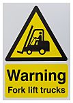 Señal de advertencia con pictograma: Atención: carretillas elevadoras, texto en: Inglés "Warning Forklift Trucks",