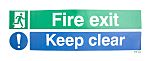 Etiqueta de seguridad contra incendios autoadhesiva con pictograma: SALIDA DE INCENDIOS, texto en Inglés : Fire exit
