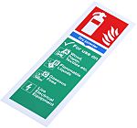 Señal de protección contra incendios autoadhesiva, texto en Inglés : Materials extinguisher can be used on, 90mm x 280