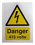 RS PRO Black/White/Yellow Vinyl Safety Labels, Danger 415 Volts-Text 200 mm x 150mm