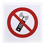 Señal de prohibición con pictograma: Prohibido el Uso de Teléfonos Móviles, texto en , autoadhesivo, 100mm x 100 mm
