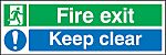 Señal de protección contra incendios, con pictograma: SALIDA DE INCENDIOS, texto en Inglés : Fire exit Keep clear,