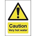 Señal de advertencia con pictograma: Agua caliente, texto en: Inglés "Caution Very Hot Water", autoadhesivo x 70 mm