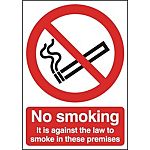 Señal de prohibición con pictograma: Prohibido Fumar, texto en Inglés "No Smoking It Is Against The Law", autoadhesivo