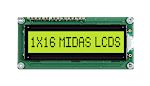 Midas MC11605A6W-SPTLY-V2 MC116 LCD LCD Display, Black on Yellow/Green, 1 Row by 16 Characters, Transflective