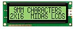 Midas MC21609A6W-GPTLY-V2 MC21609A6W Alphanumeric LCD Display, Black on Yellow/Green, 2 Rows by 16 Characters,