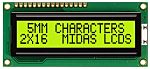 Monochromatický LCD displej, řada: MC21605C6W Alfanumerické, Reflexní, Midas