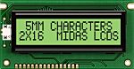 Monochromatický LCD displej, řada: MC21605AB6W Alfanumerické, Transflektivní, Midas