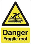 Etiqueta de advertencia y de peligro para suelo con pictograma: Techo frágil, texto en: Inglés "Danger - Fragile roof",