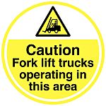 Etiqueta de advertencia y de peligro para suelo, texto en: Inglés "Caution - Fork lift trucks operating in this area",