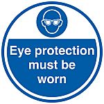 Señal de obligación con pictograma: Protección Ocular, texto en Inglés, autoadhesivo, Ø 450mm