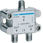 Divisor de RF Hager TN202S, Coaxial, Conector Macho 1 a Conector Hembra 2, frecuencia 5 → 2400MHZ