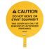 Señal de advertencia con pictograma: Atención: carretillas elevadoras, texto en: Inglés "CAUTION DO NOT MOVE OR START