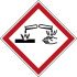 Etiqueta de seguridad contra incendios autoadhesiva con pictograma: Corrosivo, texto en : x 21 mm